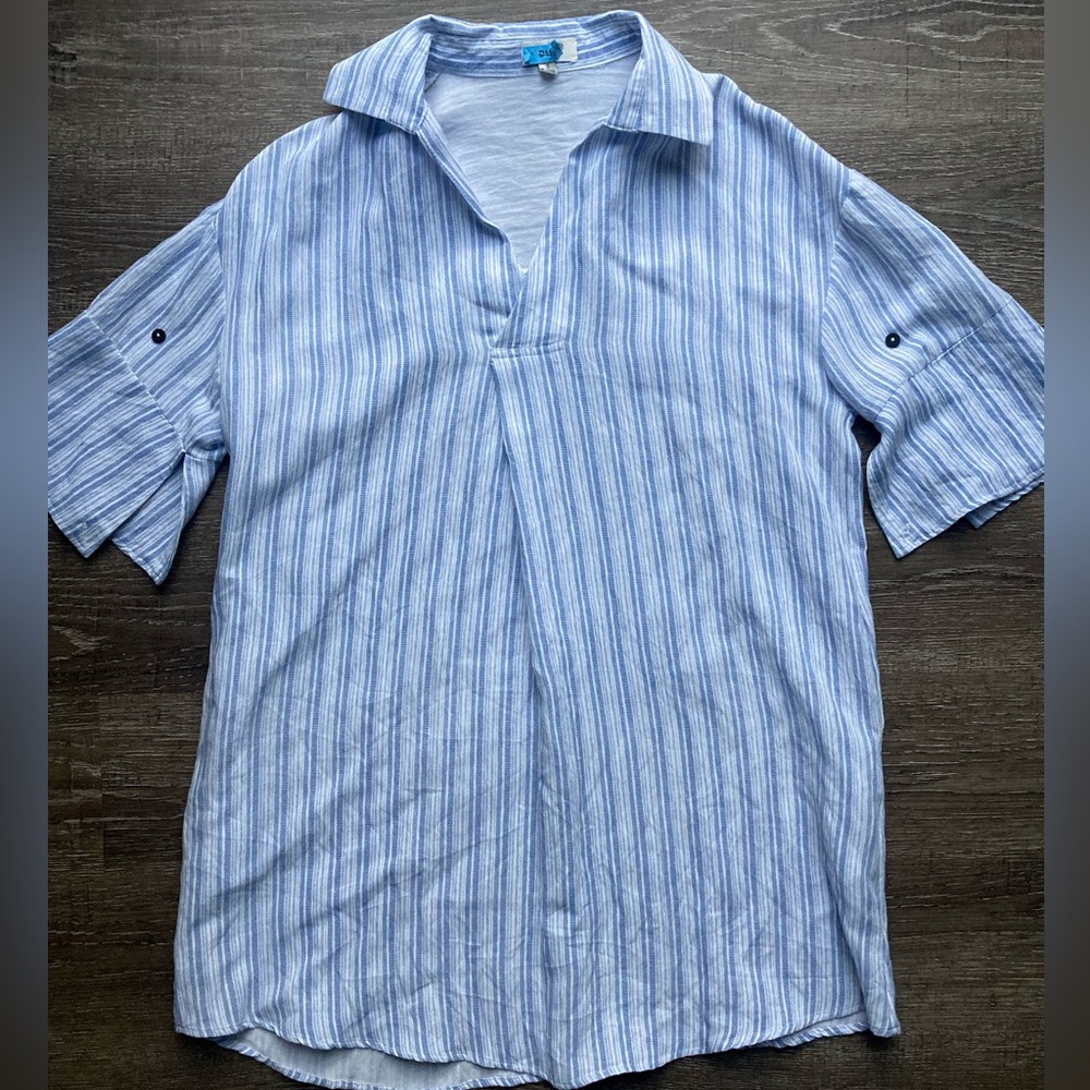 Umgee Shirt Dress White and Blue Striped Size Small